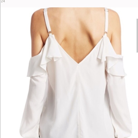 NWT A.L.C. Felix Silk Cold Shoulder Long Sleeve Ruffle Top Blouse Gesso 6 $325 - Picture 5 of 11